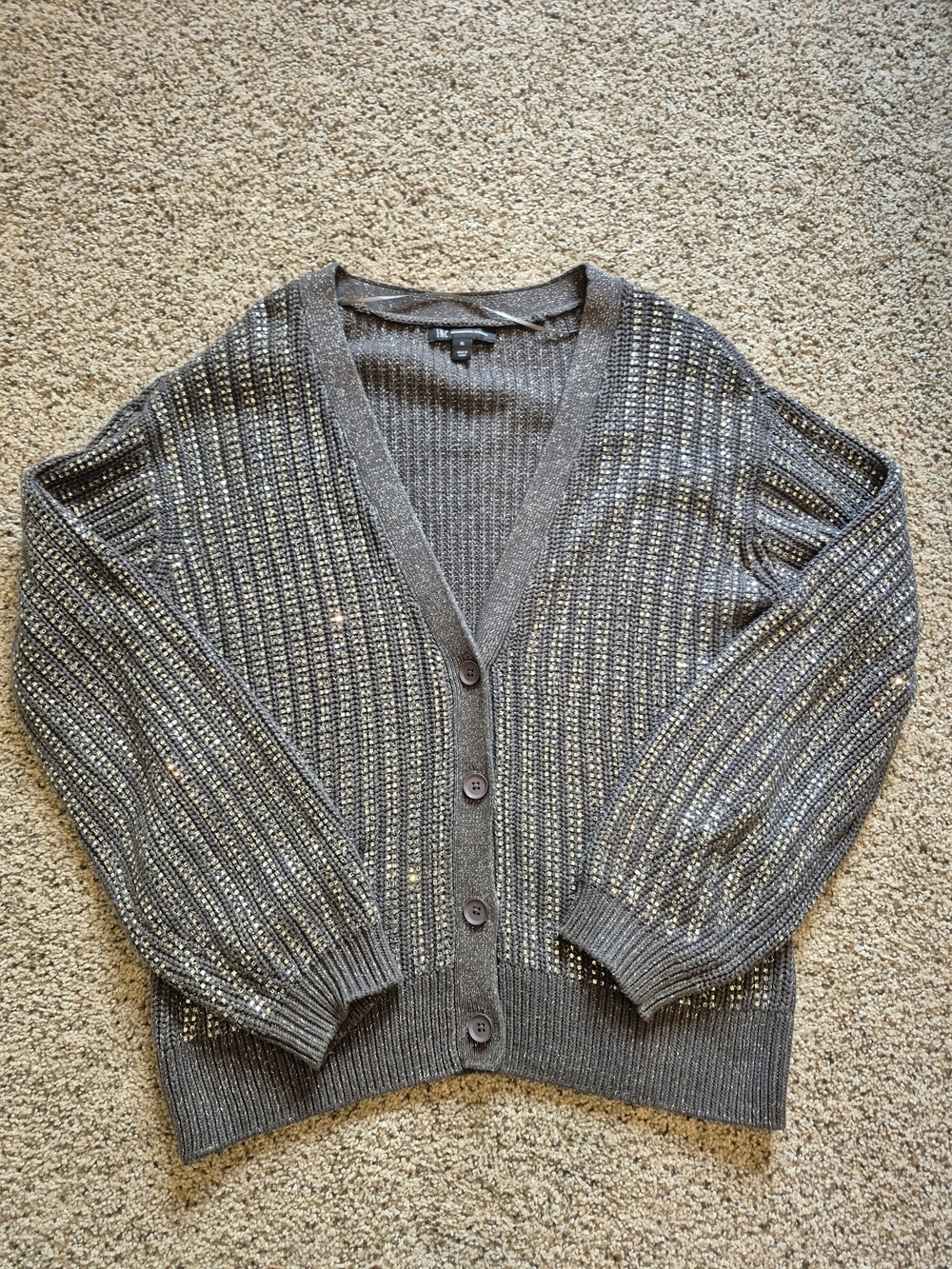 INC International Concepts Metallic Charcoal Open-Knit Button Cardigan